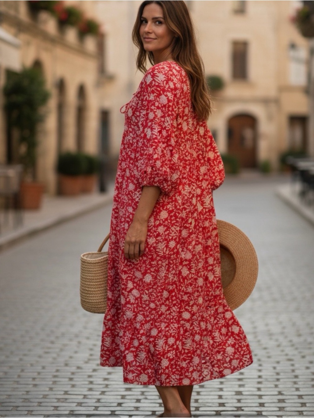 Red Flowy Floral Boho Maxi Dress